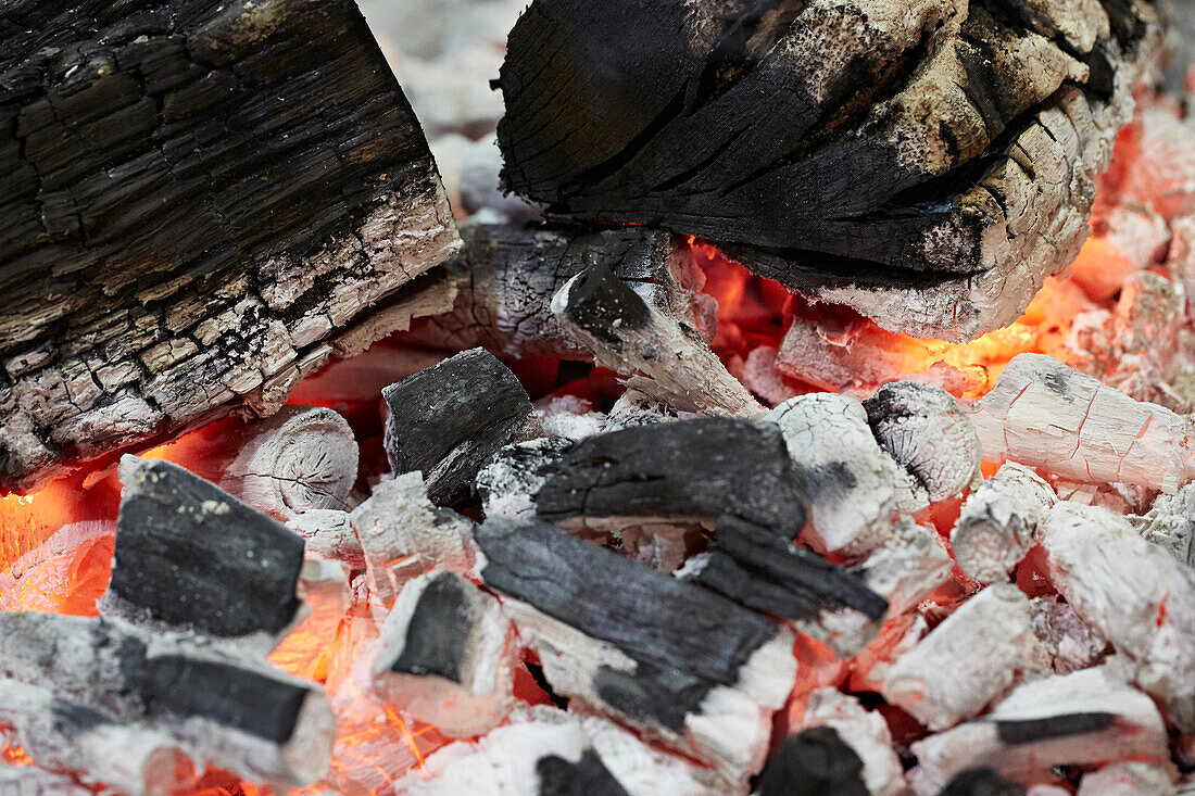 Charcoal embers glowing (filling the frame)