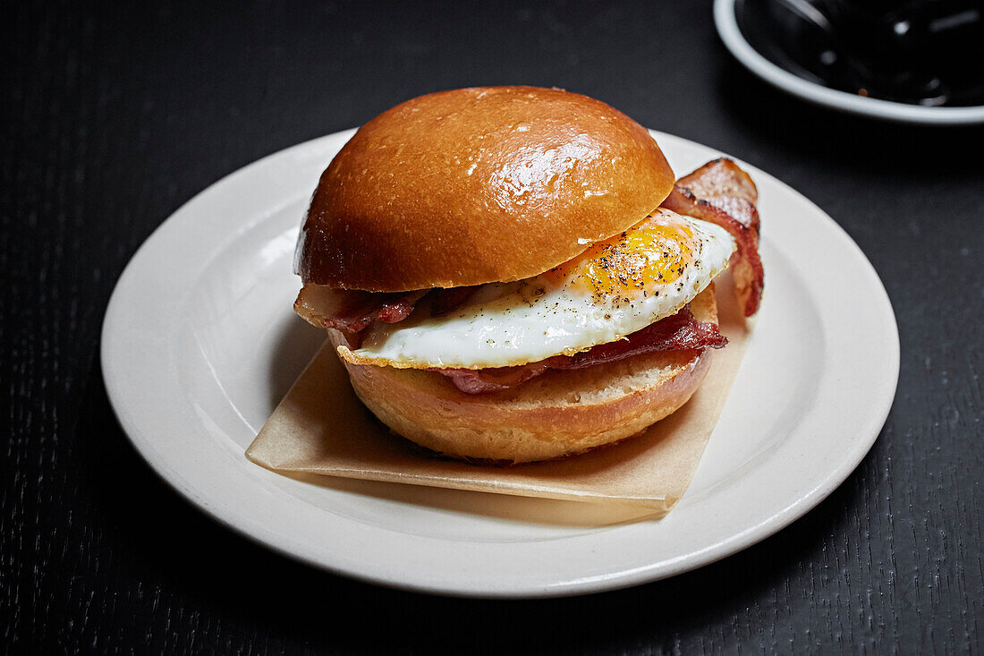 Egg and bacon brioche breakfast bap