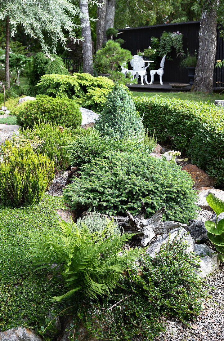 Variously planted garden with white garden furniture set in the background