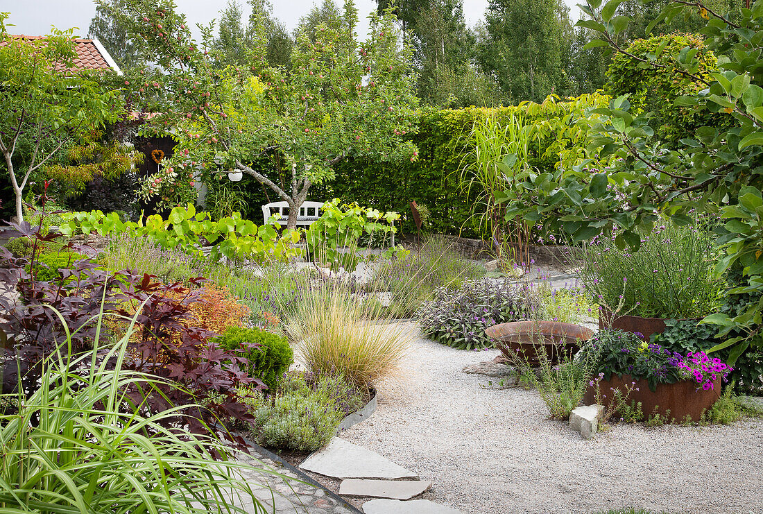 Vielfältig bepflanzter Garten mit Kiesweg und Sitzbank