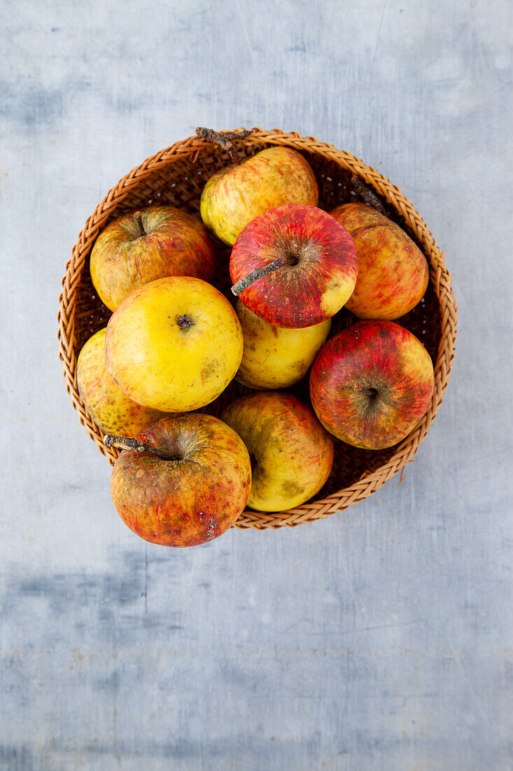 Organic apples (Topaz variety) in a basket bowl