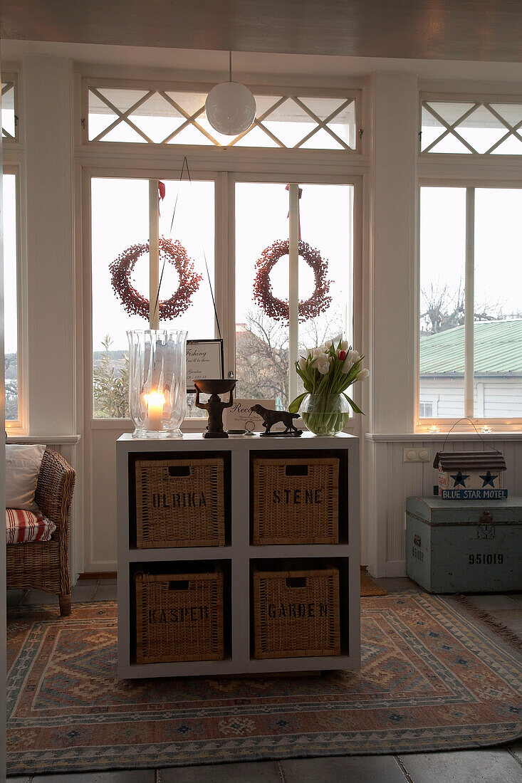 Freestanding storage unit on patterned rug