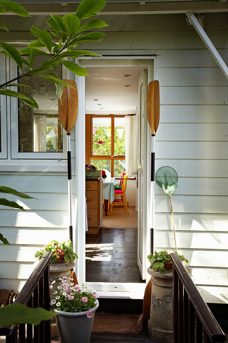 View through houseboat doorway in Richmond upon Thames, England, UK