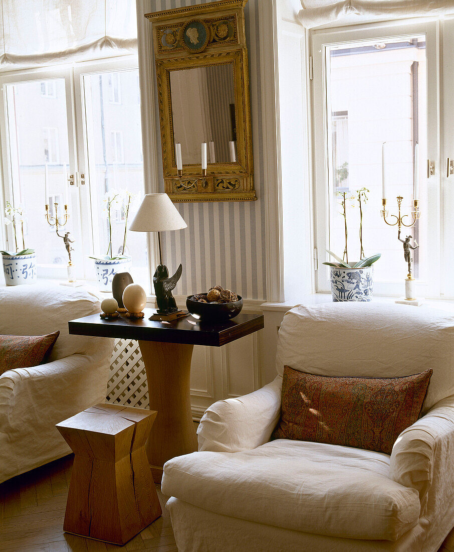 Upholstered armchairs either side of pedestal table