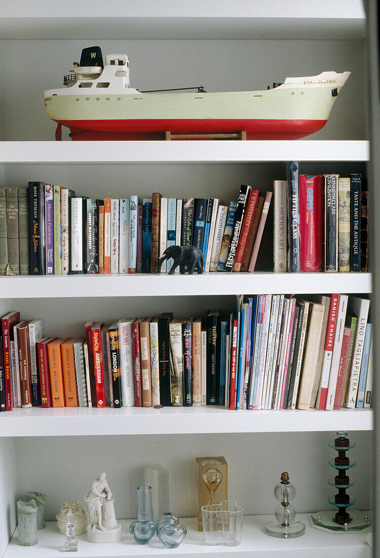 Book shelves with books and ship model