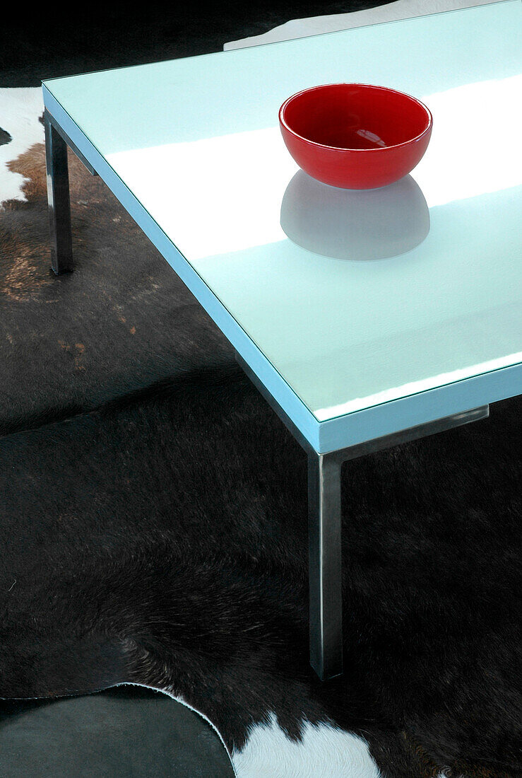 Red bowl on table with animal skin rug