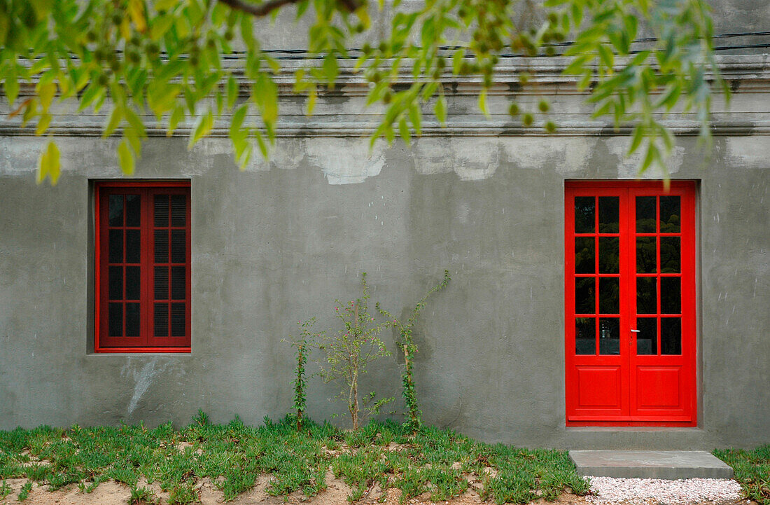 Exterior of building with bright red paintwork