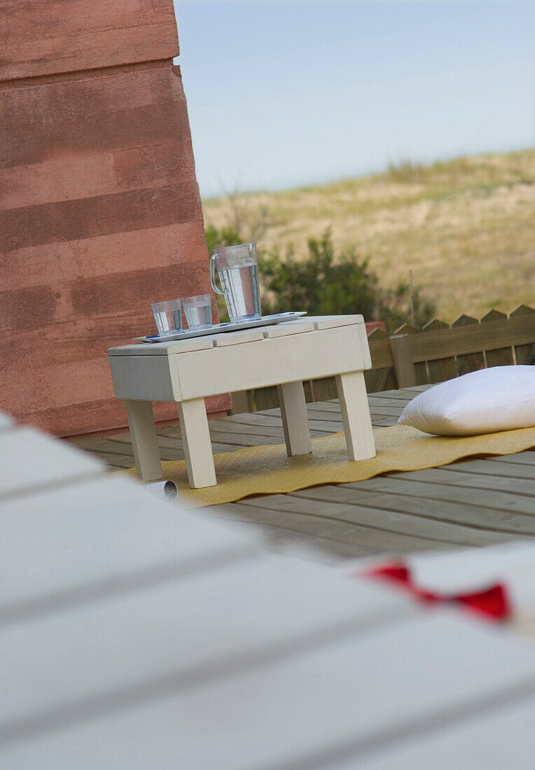 Drinking water on tray at beach house exterior