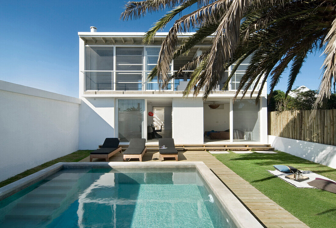 Building exterior with poolside Sunloungers under palm tree