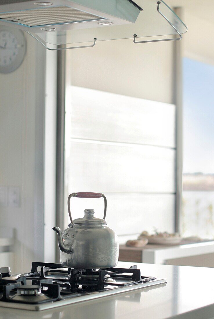 Steel kettle on stove in modern kitchen, Pacheco, Buenos Aires, Argentinien