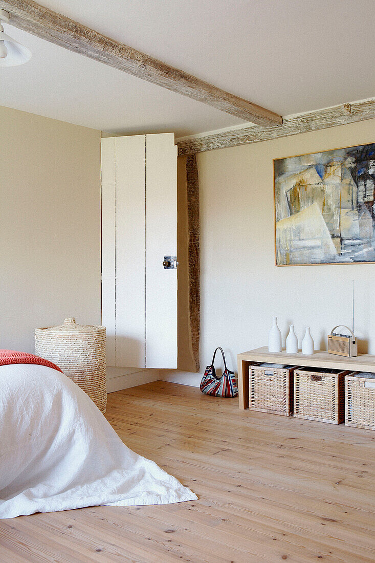 White bed cover in cottage bedroom