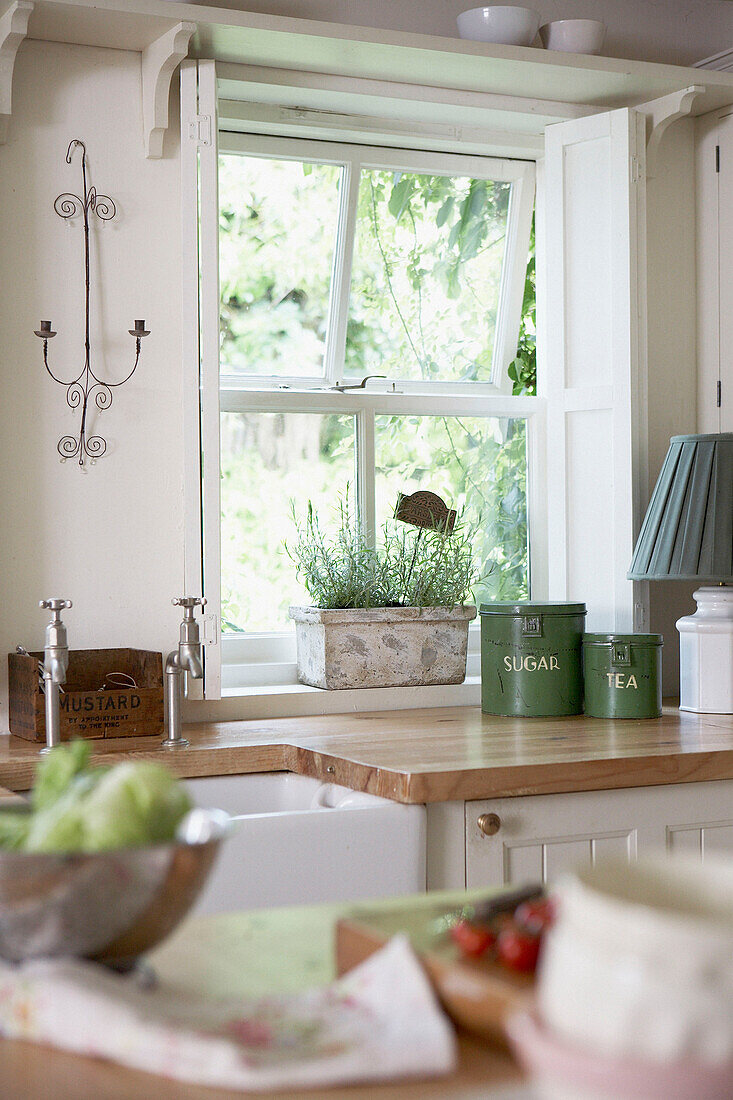 Sink unit with herbs at window of country house