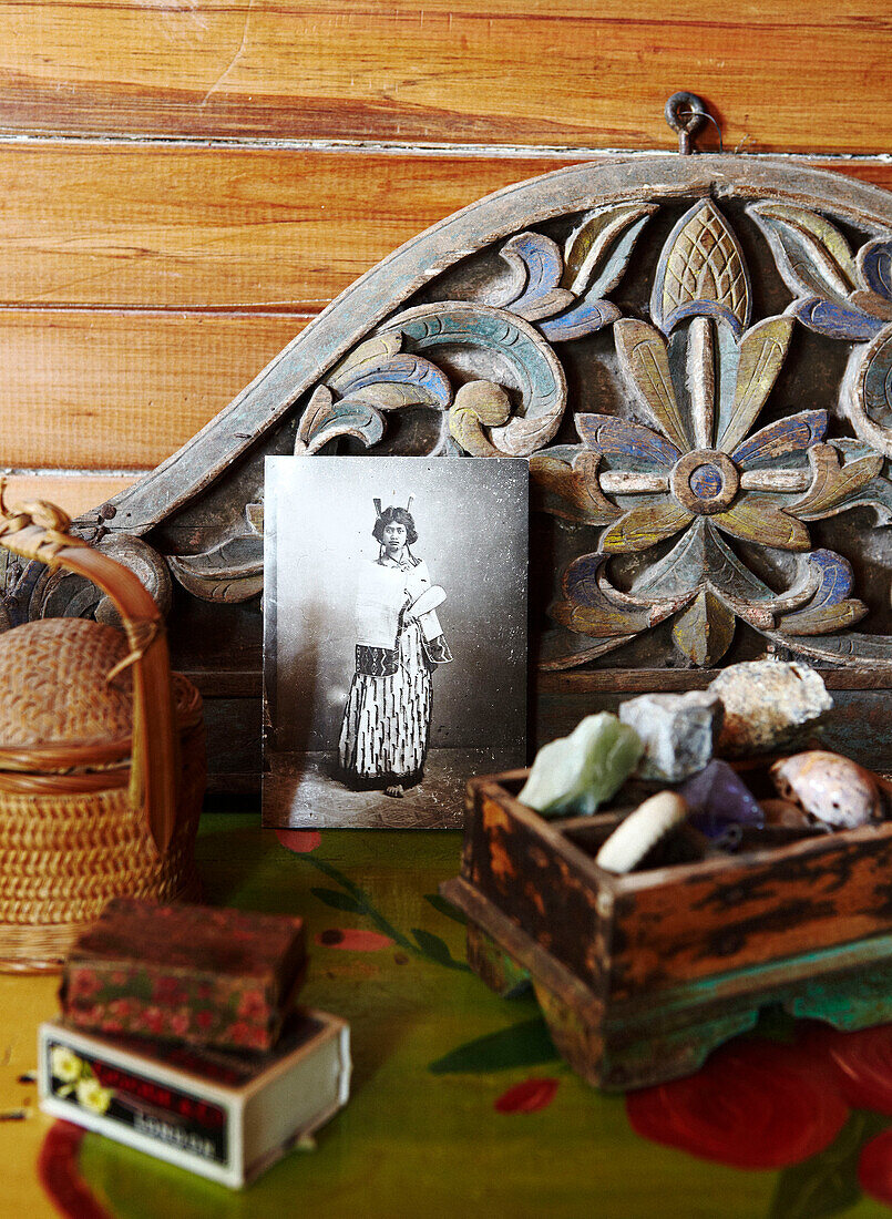 Group of objects on carved sideboard Masterton New Zealand