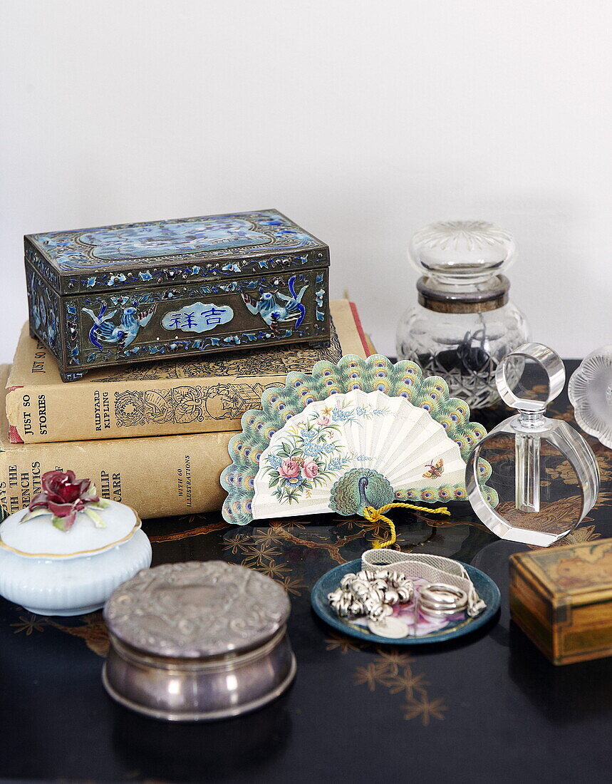 Vintage objects and hardbacked books in Oxfordshire home, England, UK