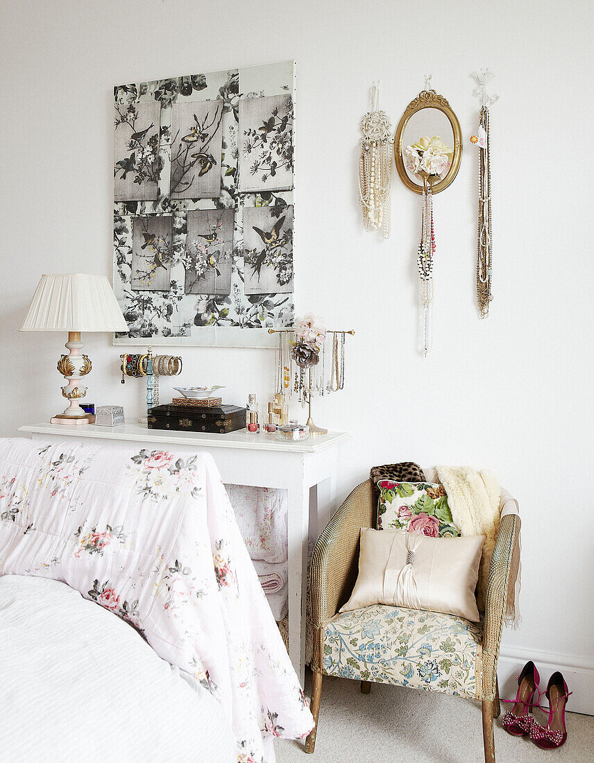 Black and white oriental print above dressing table in bedroom of contemporary home, Hastings, East Sussex, UK