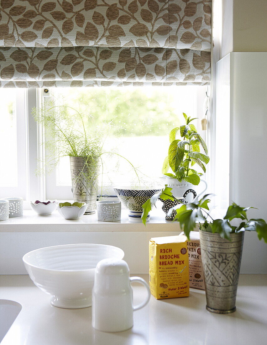 Zimmerpflanzen und Brotmischung am Küchenfenster mit Raffrollos mit Blattmotiv, Oxfordshire, England, UK