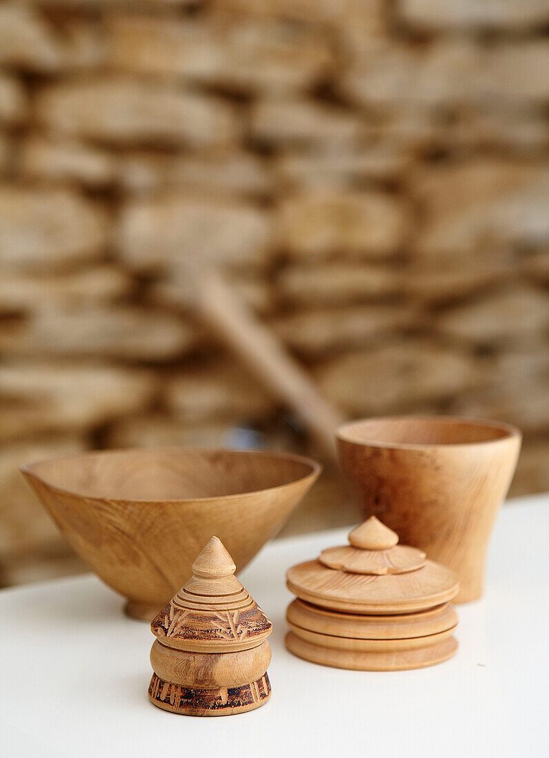 Wooden bowls and caskets in rural Oxfordshire cottage England UK