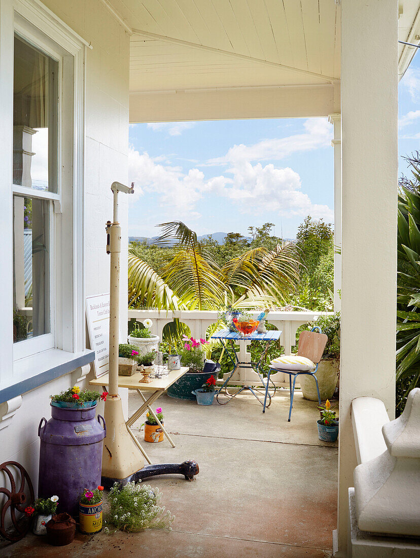 Tisch und Stühle mit Topfpflanzen auf der Terrasse von Warkworth in Auckland auf der Nordinsel Neuseelands