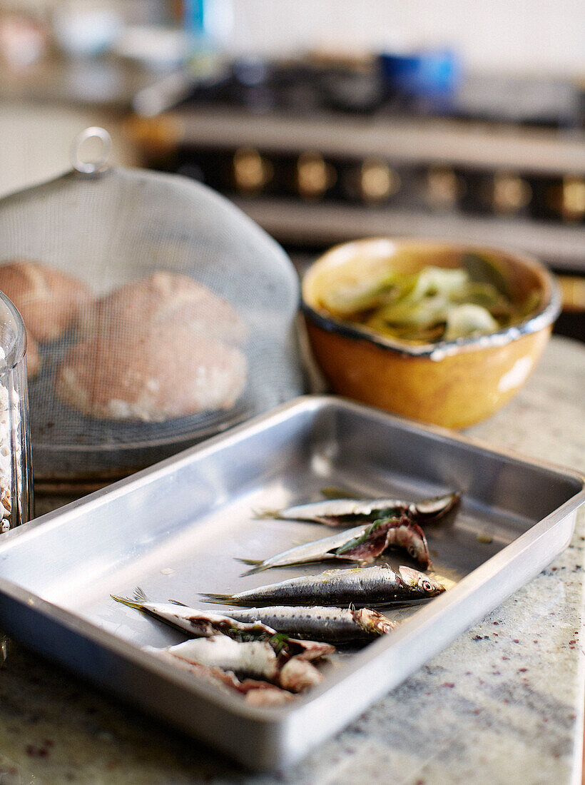 Fish in baking tray on Brittany kitchen worktop France