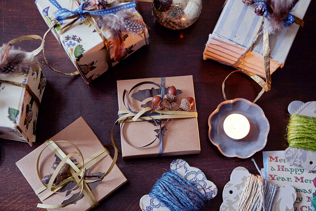 Gift boxes with twined yarn in Chippenham home, Wiltshire, UK