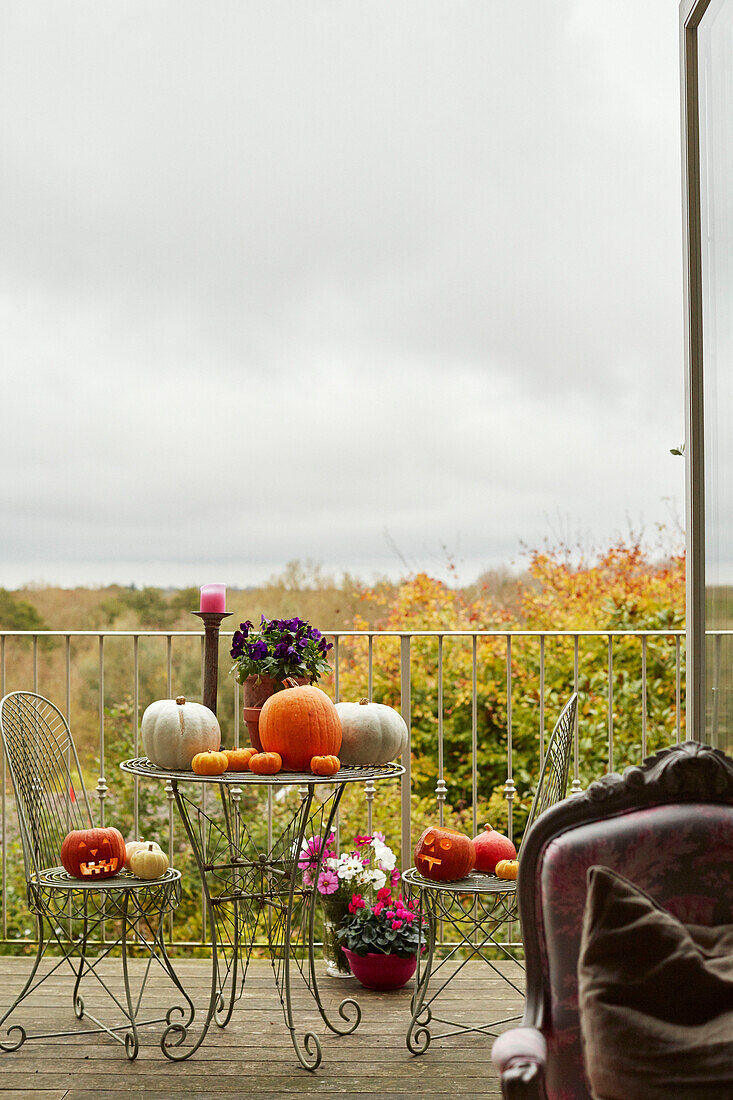 Pumpkins and gourds on metal table with chairs Woodstock terrace Oxfordshire, UK