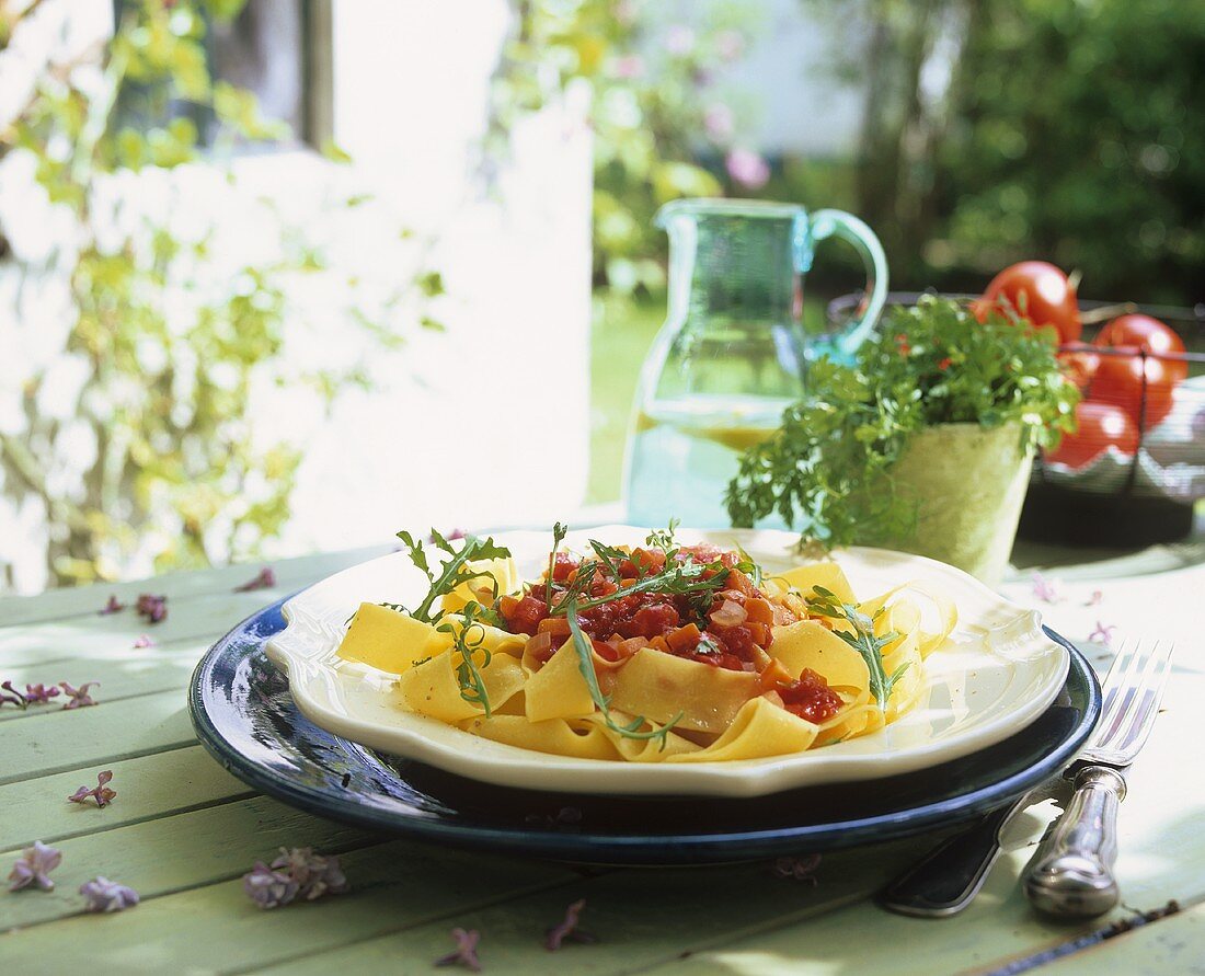 Pasta with Tomato Sauce Served in the Garden