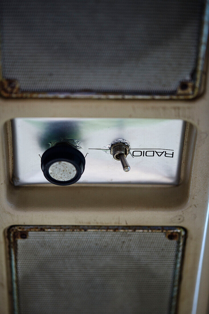Radio button on The Majestic bus near Hay-on-Wye, Wales, UK