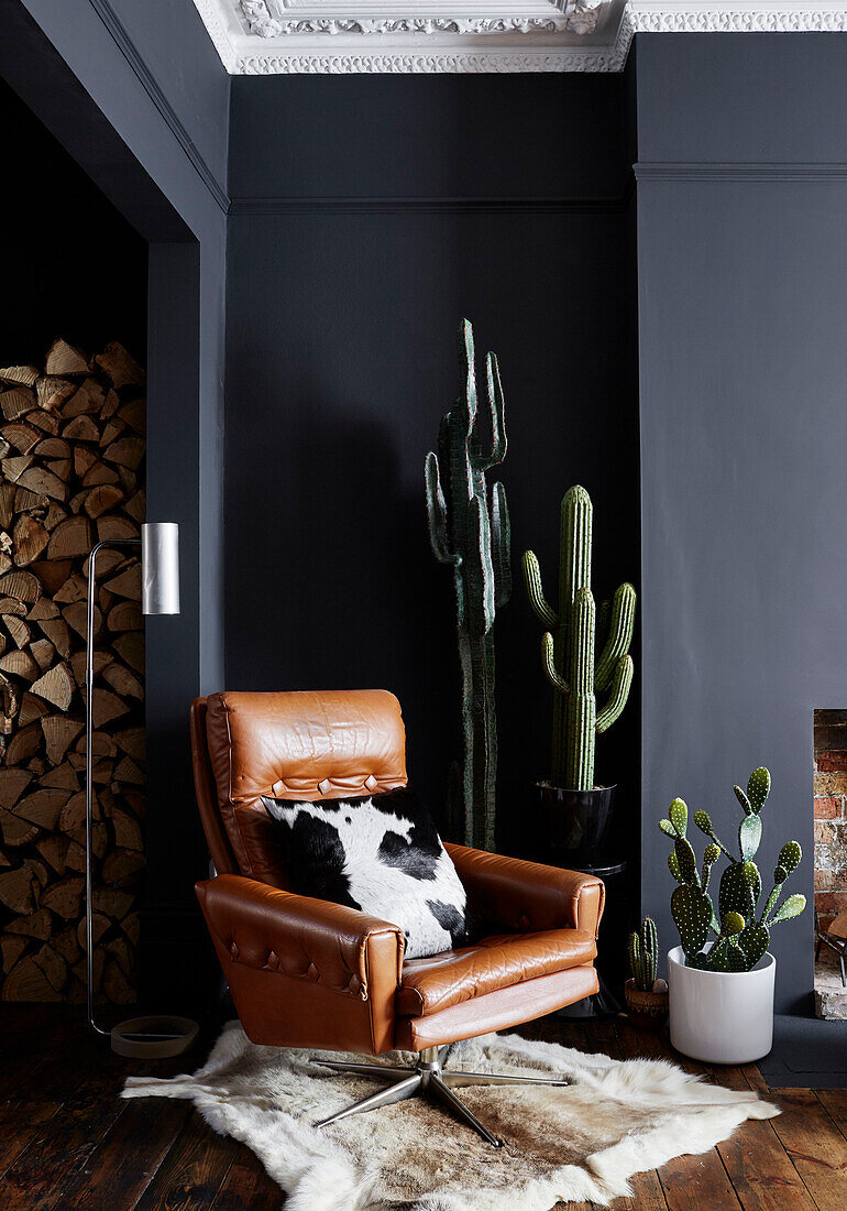 Vintage leather armchair and cacti with cut logs in Ramsgate living room Kent, UK