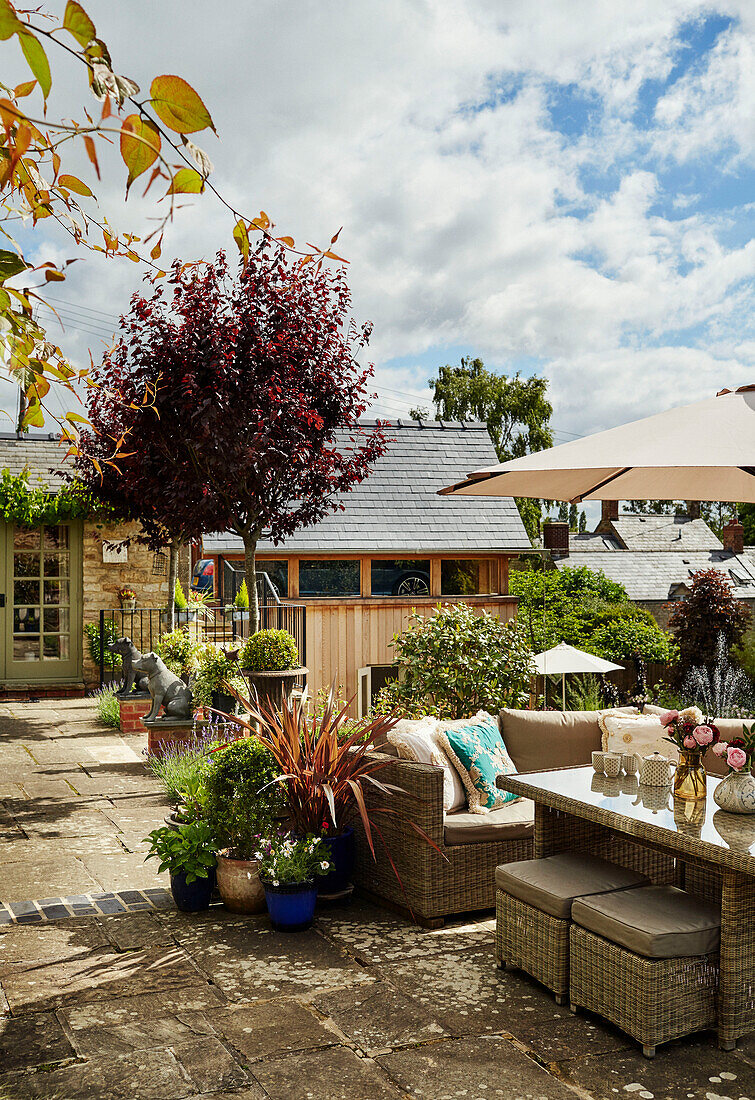 Garden furniture on patio in Cotswolds, UK