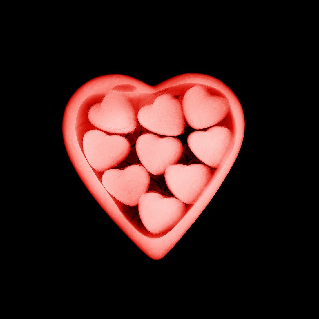 Heart shaped chocolates in a box, X-ray