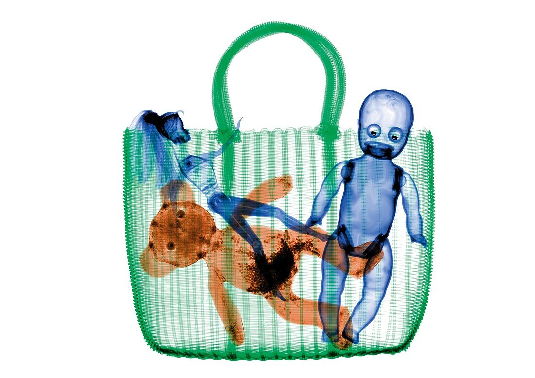 Woven bag with dolls and stuffed animal, X-ray
