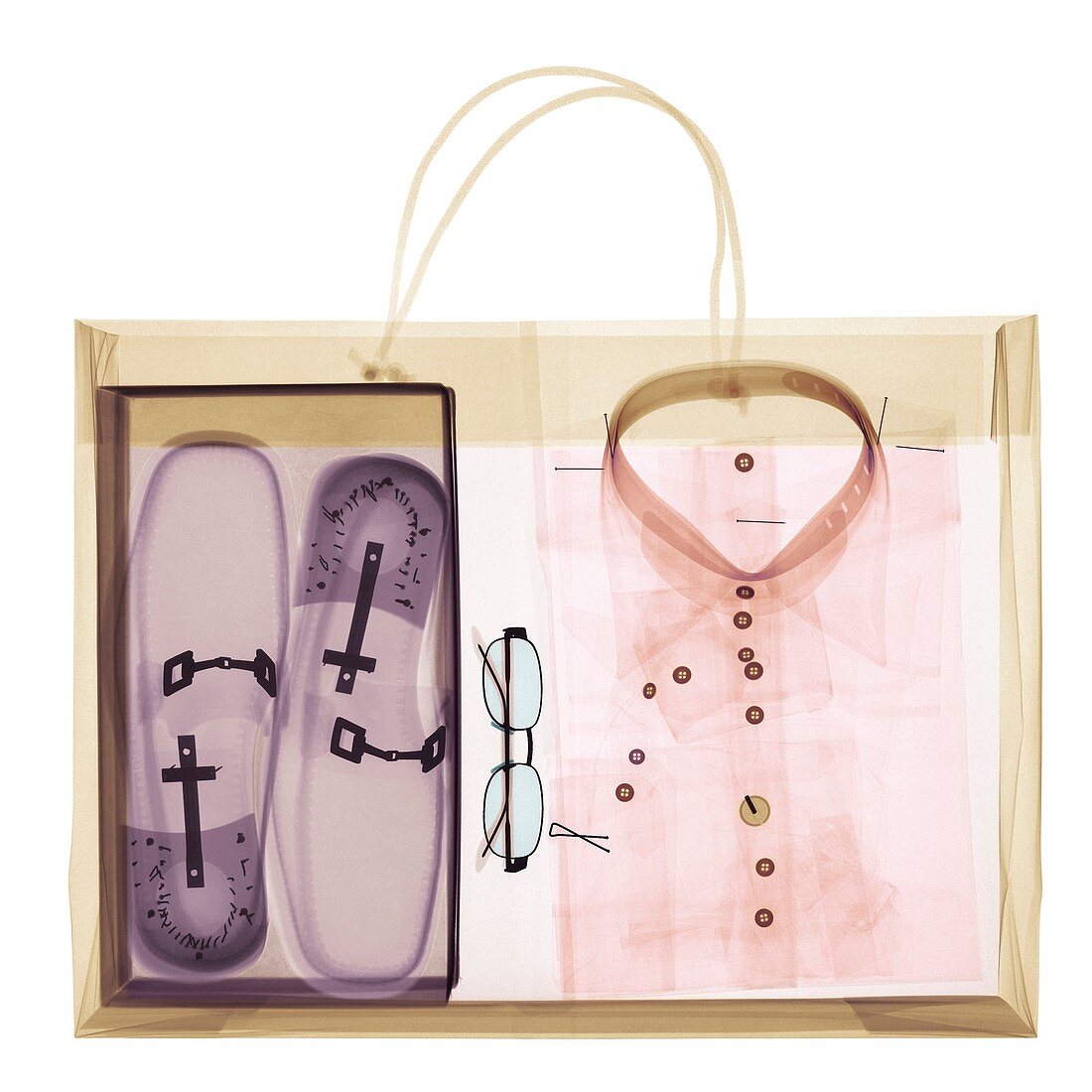 Paper shopping bag with shirt and shoes in a box, X-ray