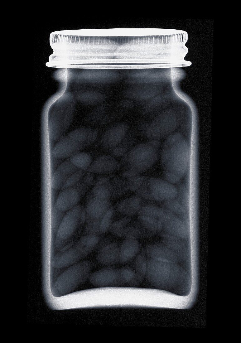 Glass jar of pills, X-ray