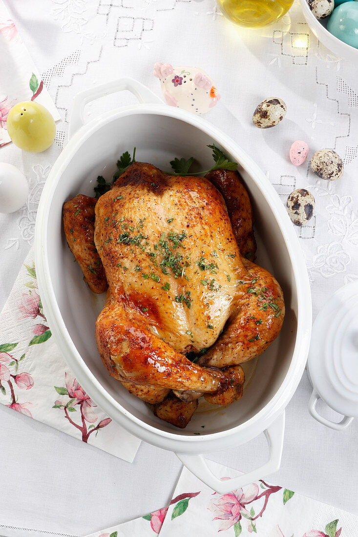 Roasted chicken in the Easter arrangement