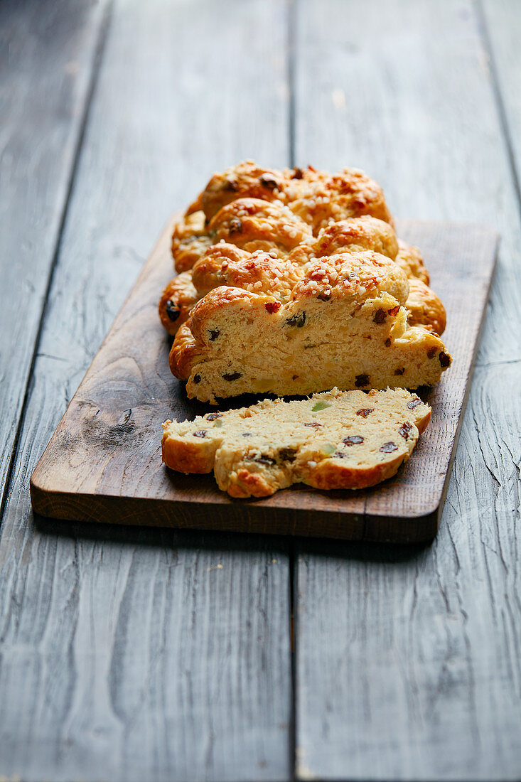 Easter fruit bread on a chopping board