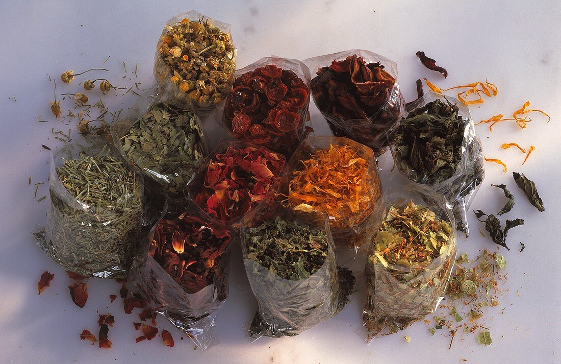 Dried herbs and fruits (for tea) in plastic bags