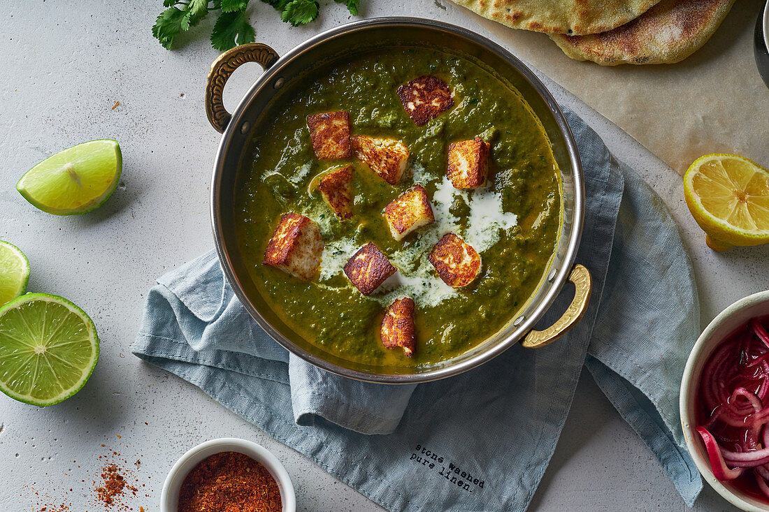 Vegetarian palak paneer starter with soft cheese and spinach