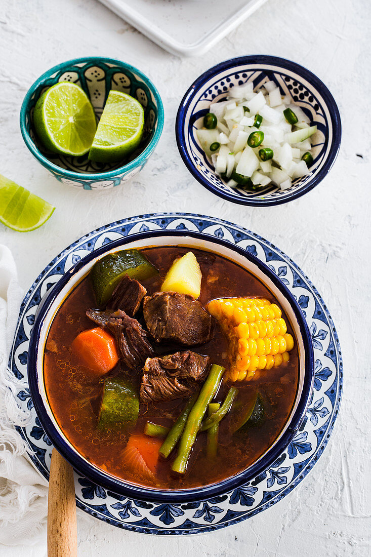 Mole De Olla (mexikanische Suppe aus Xoconostle, Chambarete und Aguja-Fleisch)