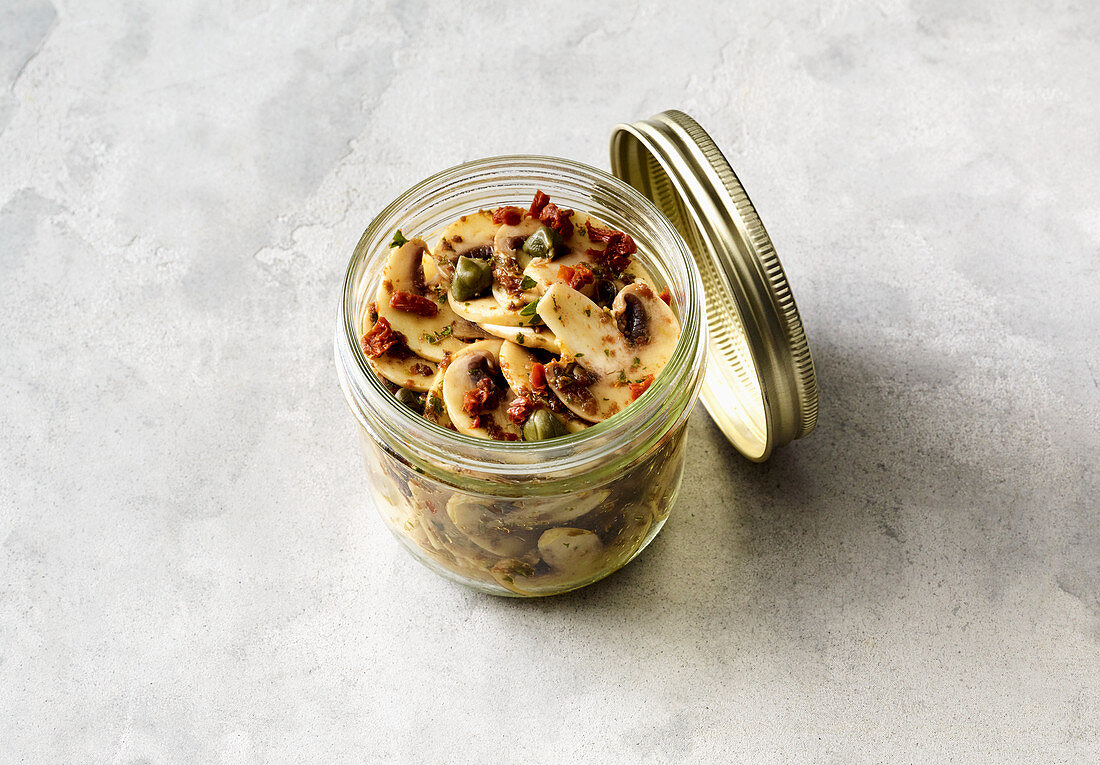 Vegan mushroom salad in a jar