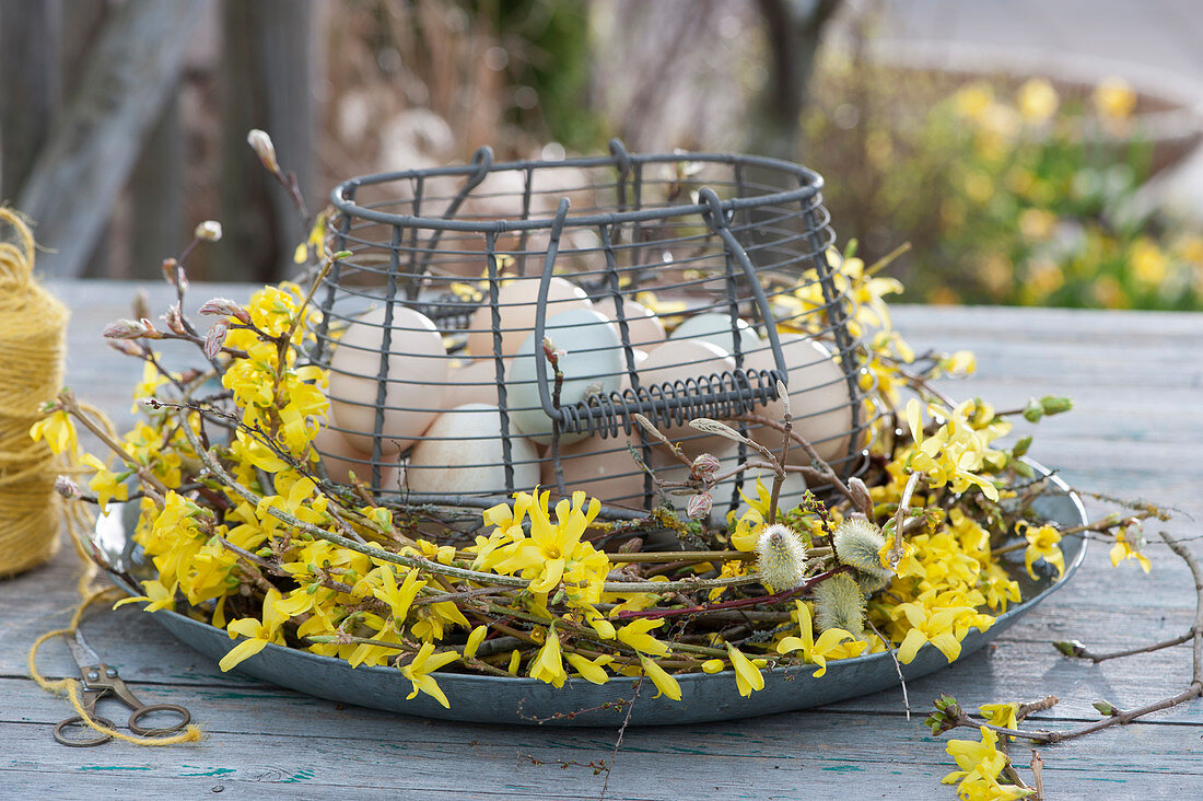 Wire basket with Easter eggs in a wreath of gold bells and kitten willow