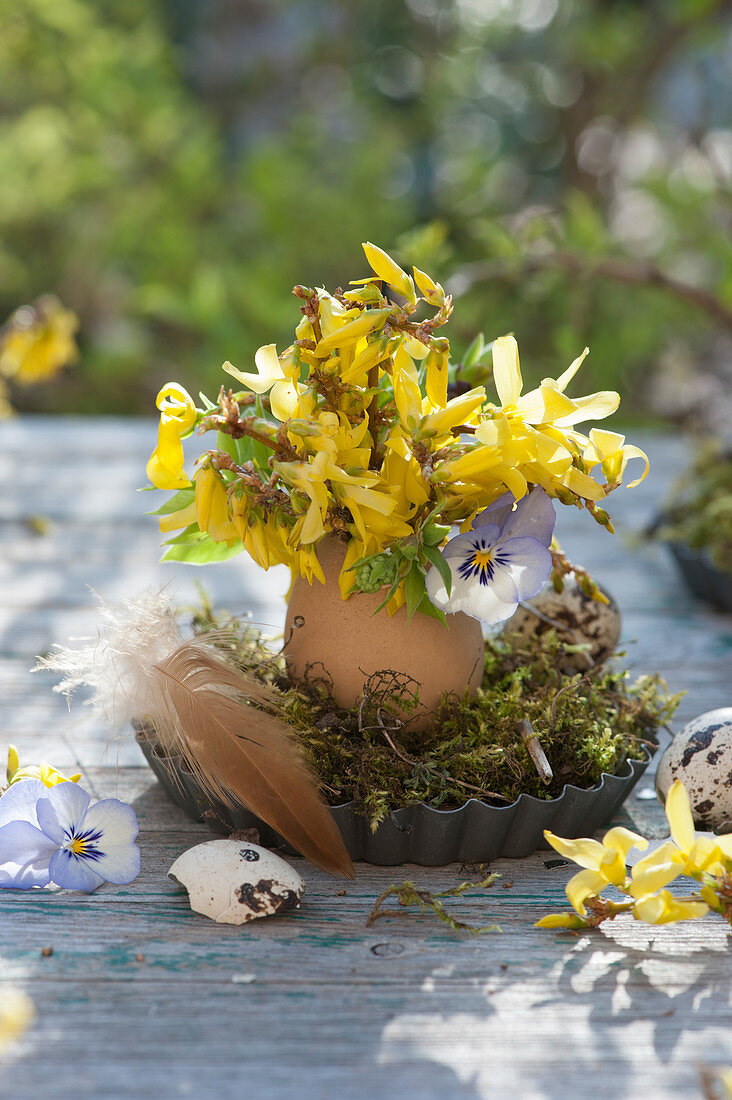 Small Easter bouquet made of gold bells twigs and horned violet blossom in an egg as a vase on moss in baking cases