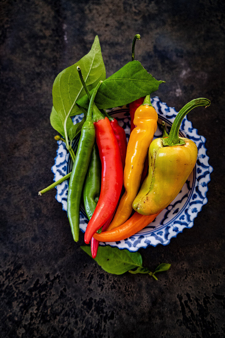 Fresh chilli peppers (green, yellow, red) with leaves