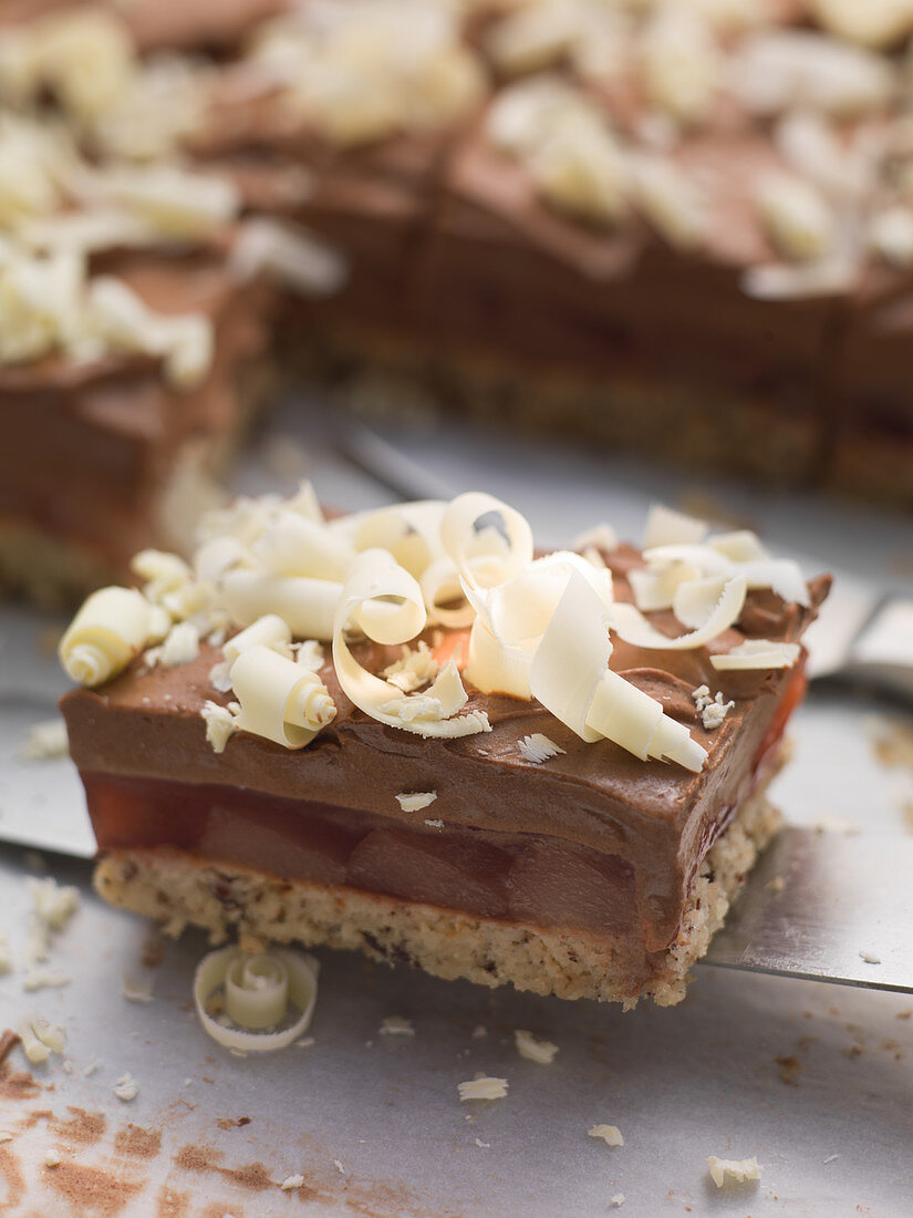 Tray bake cake with chocolate curls