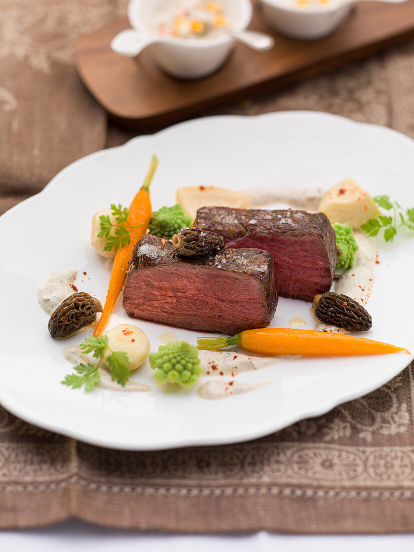 Chateaubriand with morel mushrooms and spring vegetables