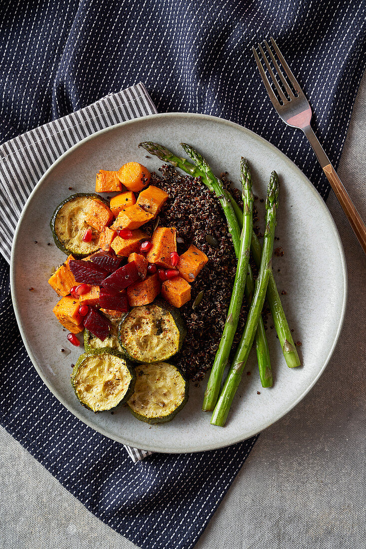 Vegan black quinoa and roast vegetable dinner