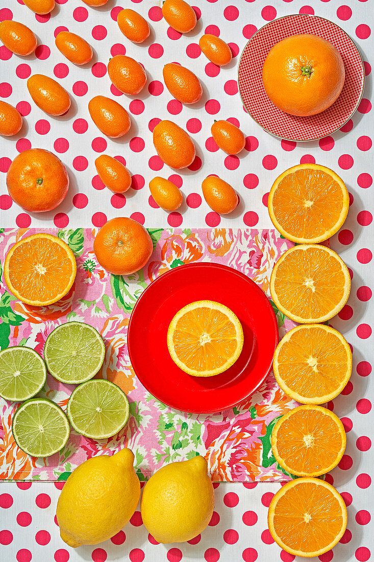 Various citrus fruit - lime, lemon, orange, mandarine and kumquats