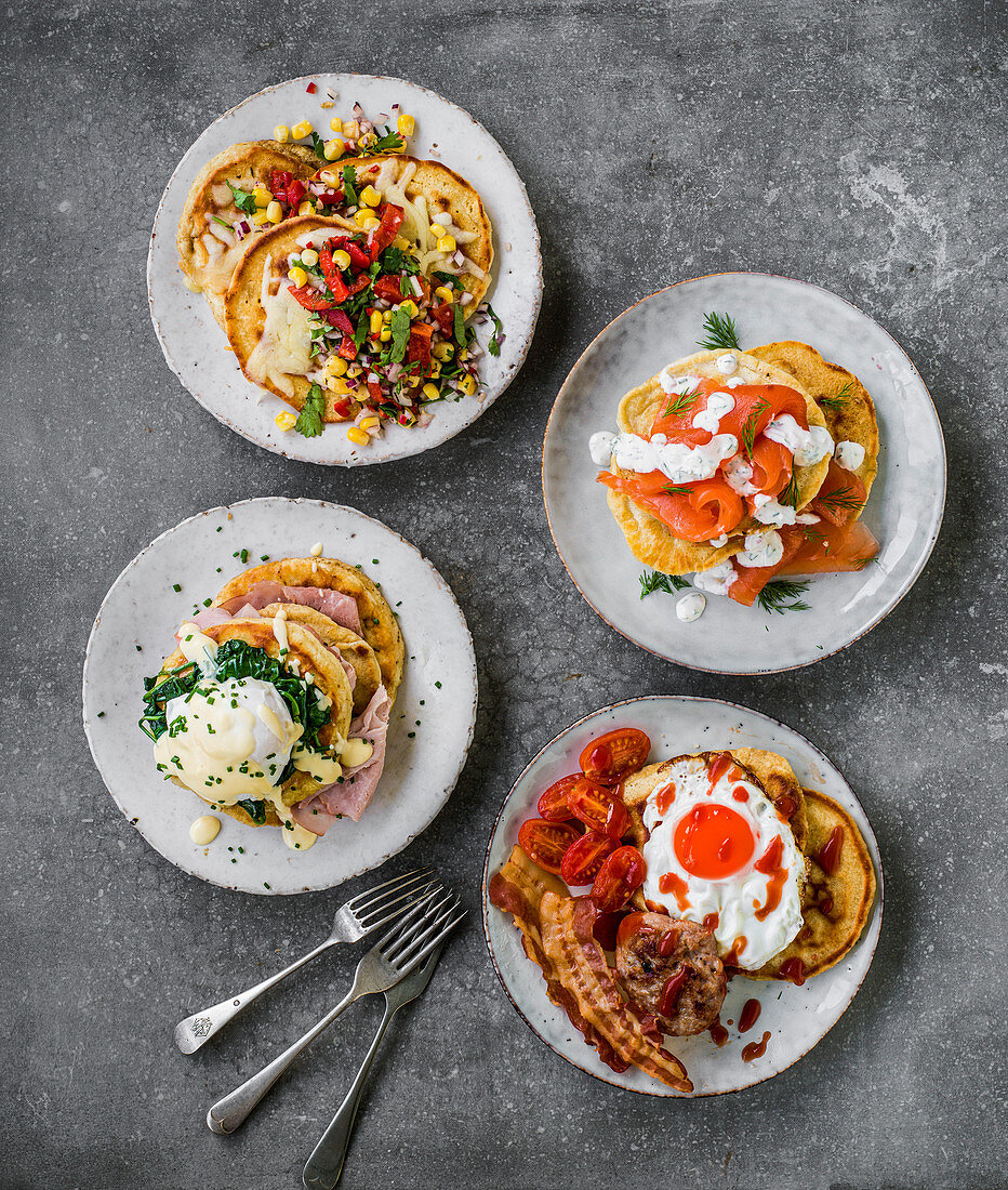 Four ways with pancakes - with corn, smoked salmon, eggs benedict and English