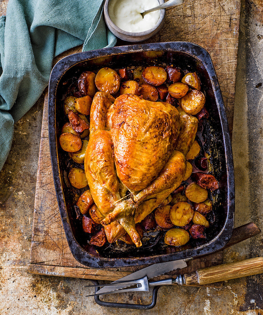 Smoky chicken with potato and chorizo pan roast