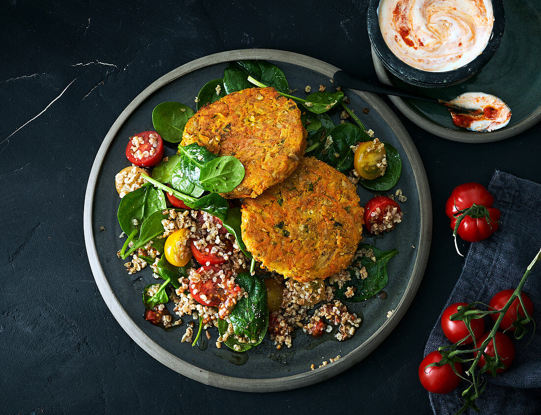 Lentil meatballs with spinach salad