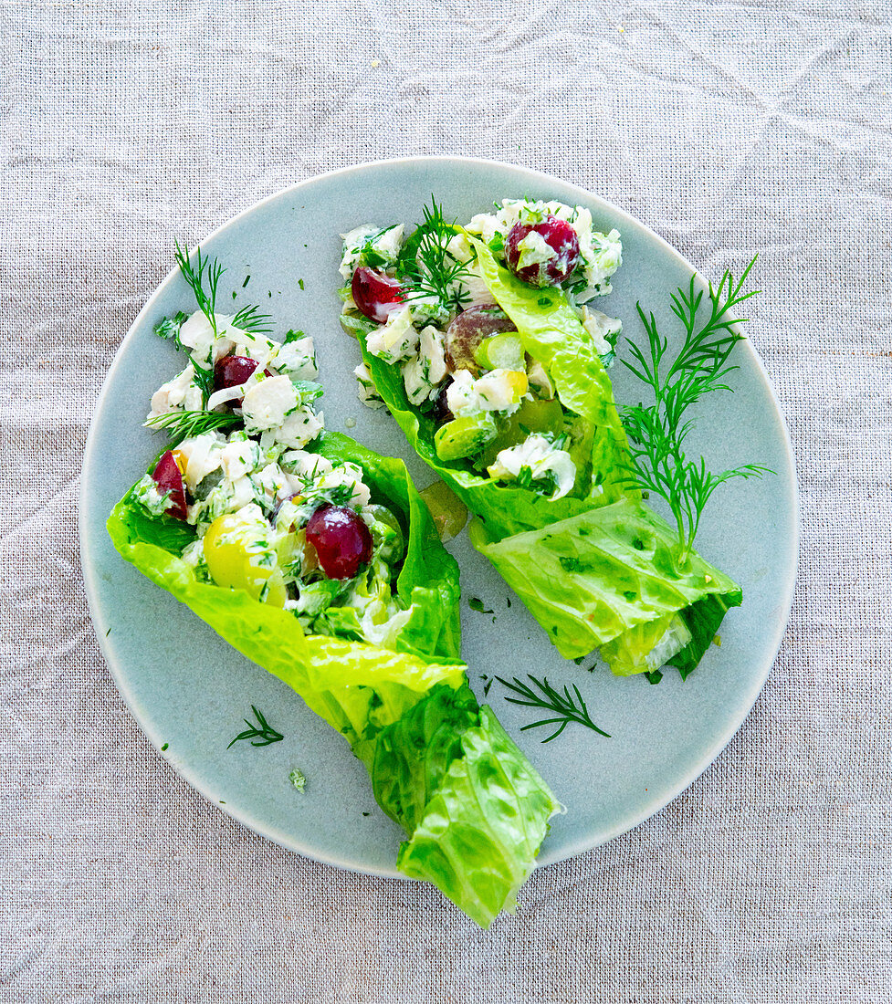 Lettuce wraps filled with feta cheese, dill and grapes